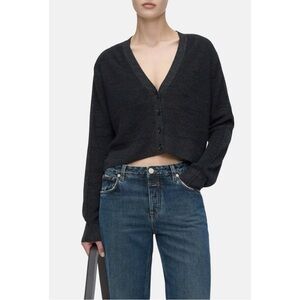 CLOSED Smokey Blue Cropped Cardigan - Dark Blue Wool Blend Knit Cardigan Sweater